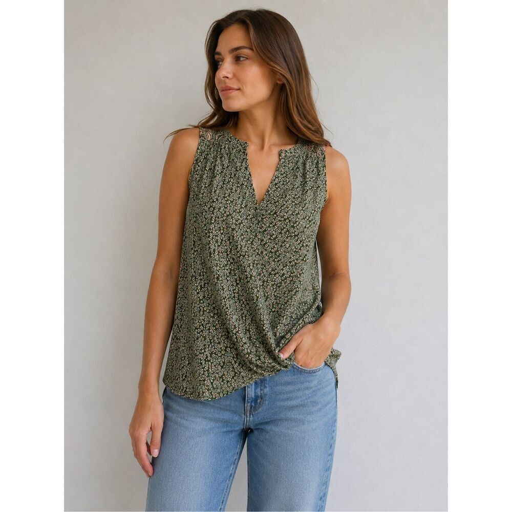 Salsa Green Floral Sleeveless Blouse Top Size S Boho Casual Summer Shirt
